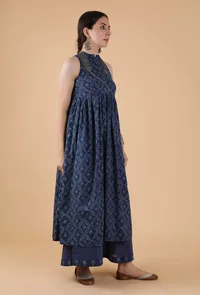 Harshita Indigo Jaal Print Bandhgala Front Gathered Kurta Dress image 2