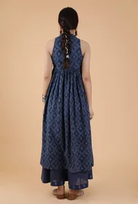 Harshita Indigo Jaal Print Bandhgala Front Gathered Kurta Dress image 3