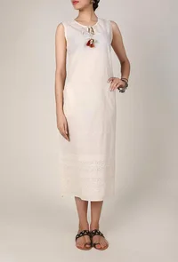 Cream Chikankari Dress With Tassels image 2