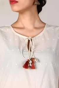 Cream Chikankari Dress With Tassels image 5