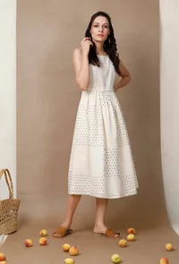 Off White Hand Block Printed Cotton Pleated Dress image 3