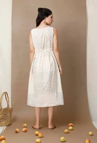 Off White Hand Block Printed Cotton Pleated Dress image 4