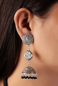 German Silver Lightweight Pendant Set Black Bead Dori Necklace & Jhumki Earrings image 2