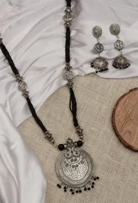 German Silver Lightweight Pendant Set Black Bead Dori Necklace & Jhumki Earrings image 3