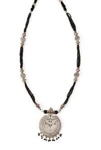 German Silver Lightweight Pendant Set Black Bead Dori Necklace & Jhumki Earrings image 4