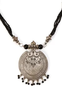 German Silver Lightweight Pendant Set Black Bead Dori Necklace & Jhumki Earrings image 5