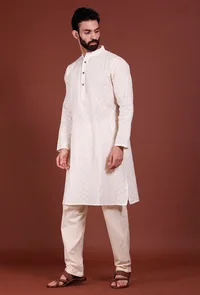 Set of 2 - Offwhite Brick Malmal Kurta Pyjama Set image 4