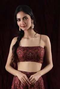 Walnut Brown Viscose Tussar Silk Patola Slip Crop Top image 1