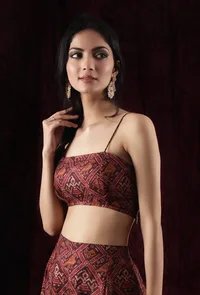 Walnut Brown Viscose Tussar Silk Patola Slip Crop Top image 2