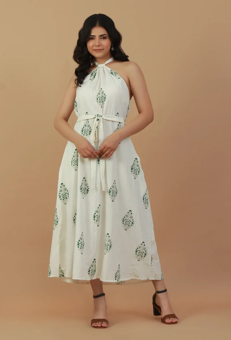 Ivory Block Printed Halter Neck Cotton Dress