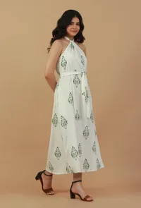 Ivory Block Printed Halter Neck Cotton Dress image 4