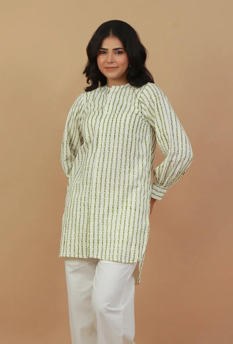 Green Striped Hand Block Printed Cotton Kurta