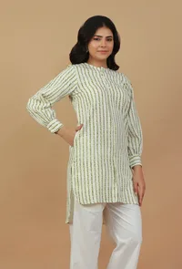 Green Striped Hand Block Printed Cotton Kurta image 3