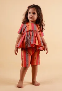 Set of 2: Pink Striped Top With Multicolor Striped Woven Shorts image 1