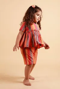 Set of 2: Pink Striped Top With Multicolor Striped Woven Shorts image 3