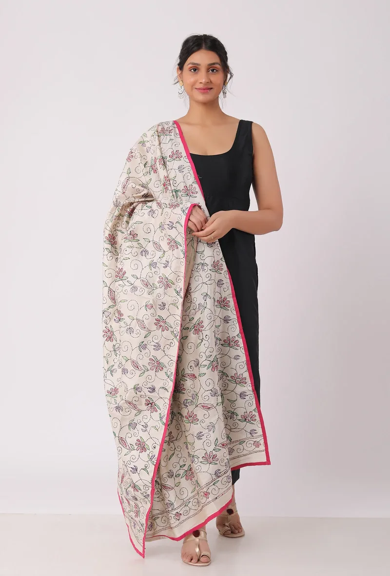 Lekha hand embriodered kantha silk dupatta