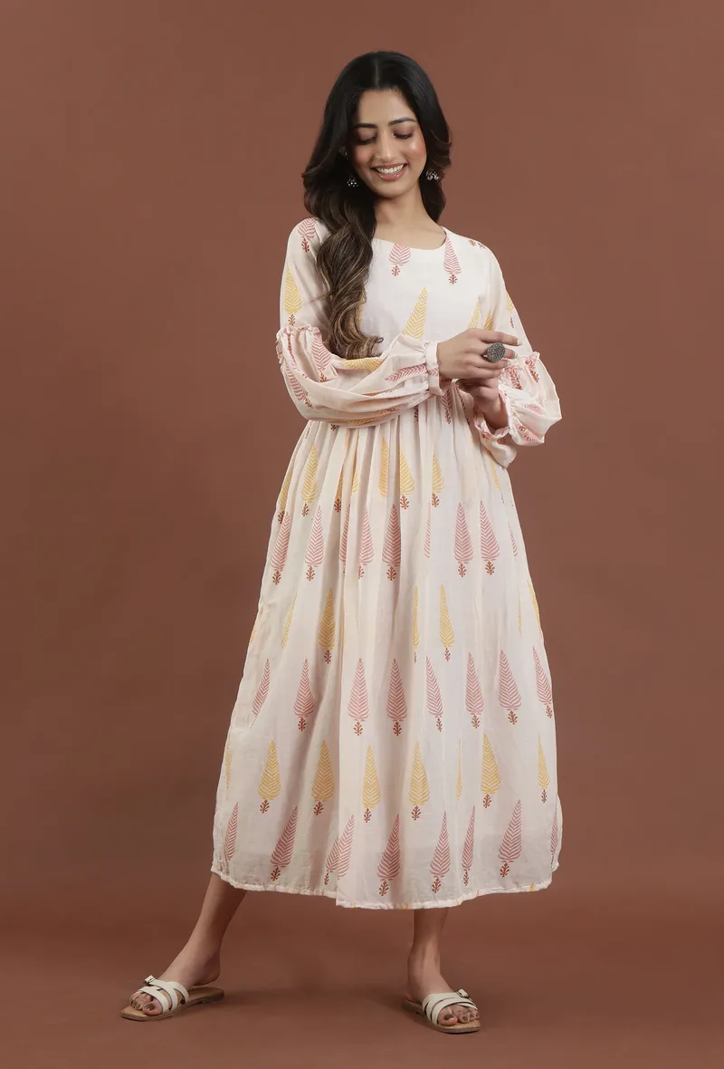 Blush Pink Leaf Printed Gathered Maxi Dress