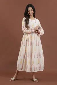 Blush Pink Leaf Printed Gathered Maxi Dress image 1
