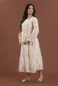 Blush Pink Leaf Printed Gathered Maxi Dress image 2