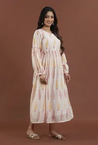 Blush Pink Leaf Printed Gathered Maxi Dress image 3