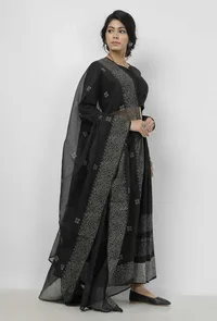 Set of 3: Kaani Black and White Hand-Block Printed Tasseled Kota Kali Skirt and Plain Black Full Sleeves Kota Blouse with Black and White Hand Block Printed Kota Dupatta image 3