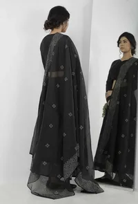 Set of 3: Kaani Black and White Hand-Block Printed Tasseled Kota Kali Skirt and Plain Black Full Sleeves Kota Blouse with Black and White Hand Block Printed Kota Dupatta image 4