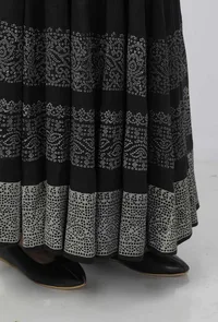 Set of 3: Kaani Black and White Hand-Block Printed Tasseled Kota Kali Skirt and Plain Black Full Sleeves Kota Blouse with Black and White Hand Block Printed Kota Dupatta image 6