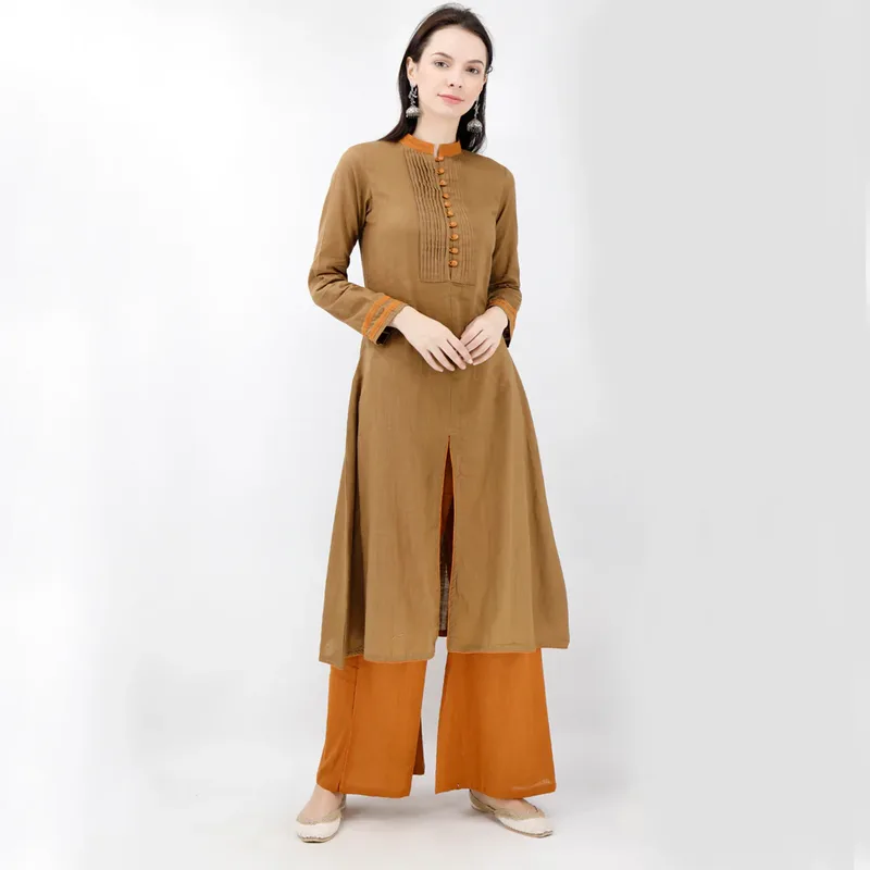 Set of Brown Pure Cotton Kurta And Palazzo