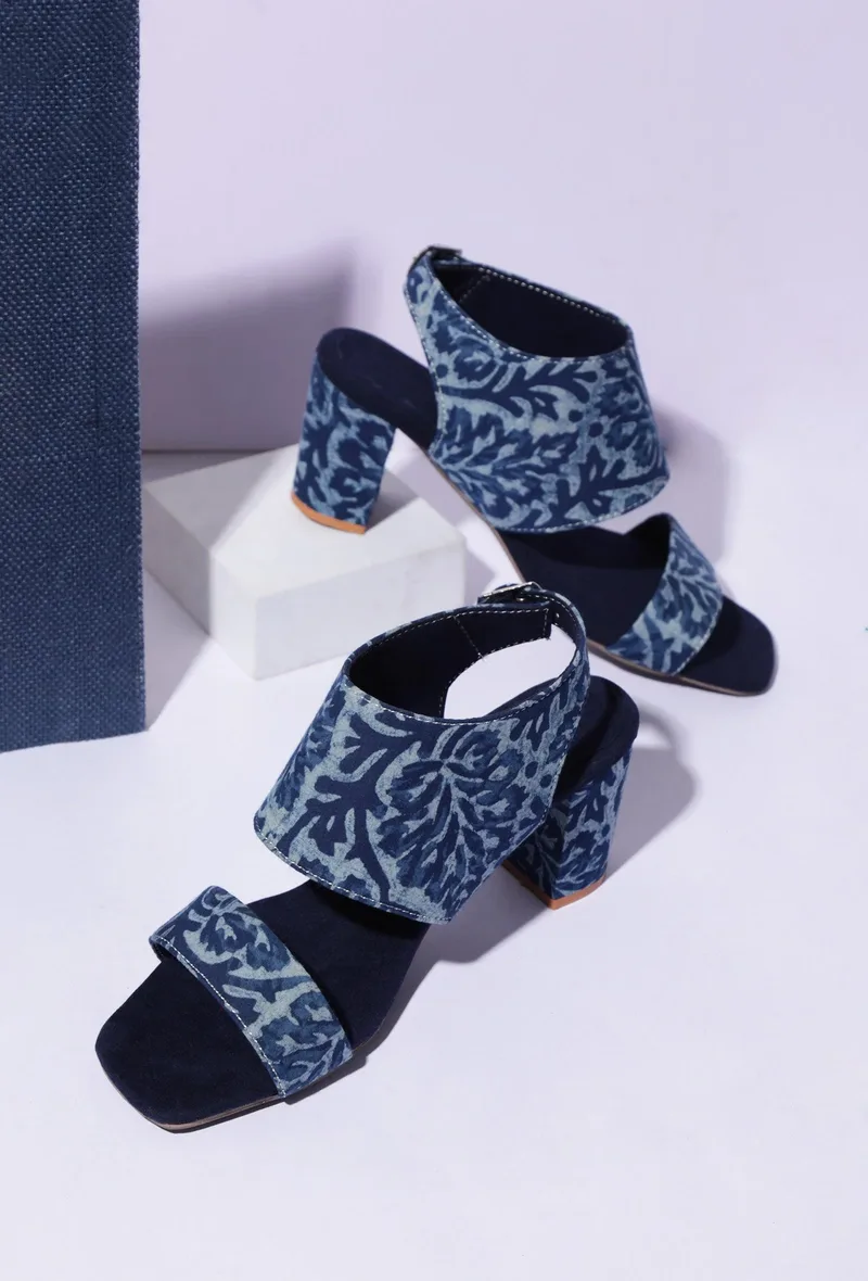 Indigo Leaf  Block Print Cotton Strappy Block Heels In Suede