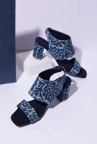 Indigo Leaf  Block Print Cotton Strappy Block Heels In Suede image 1