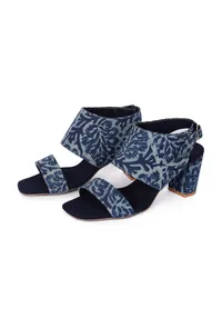 Indigo Leaf  Block Print Cotton Strappy Block Heels In Suede image 2