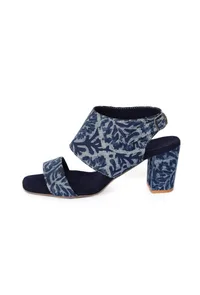 Indigo Leaf  Block Print Cotton Strappy Block Heels In Suede image 3