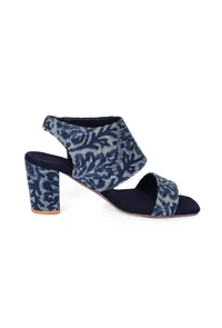 Indigo Leaf  Block Print Cotton Strappy Block Heels In Suede image 4