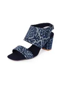Indigo Leaf  Block Print Cotton Strappy Block Heels In Suede image 5