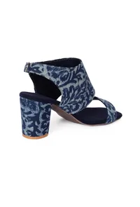 Indigo Leaf  Block Print Cotton Strappy Block Heels In Suede image 6