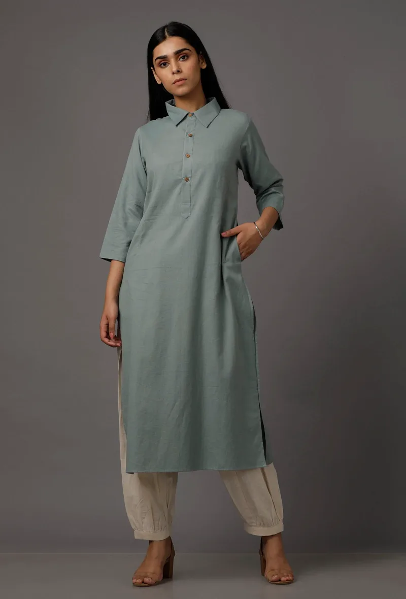 Grey Pure Woven Cotton Kurta