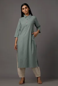 Grey Pure Woven Cotton Kurta image 1