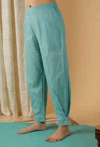 Mulmul Cotton Solid Turquoise Blue Straight Pants image 2