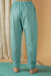 Mulmul Cotton Solid Turquoise Blue Straight Pants image 3