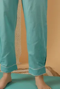 Mulmul Cotton Solid Turquoise Blue Straight Pants image 4