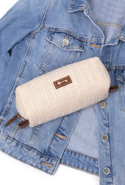 Frost White Sleek Rafia Weave Pouch Bag