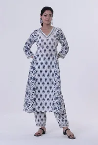 Set Of 2: Blue Motif White Cotton Kurta with Pant Set image 1