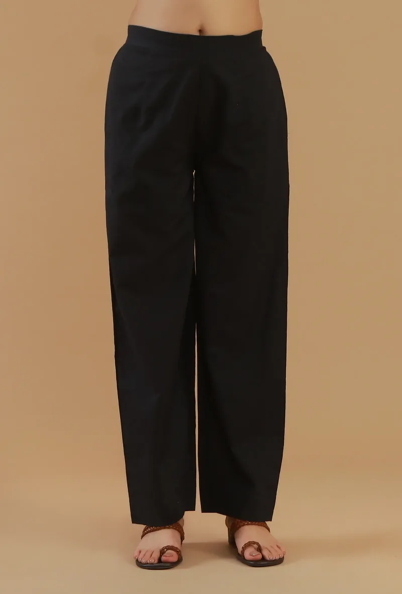 Black Solid Straight Cotton Pant
