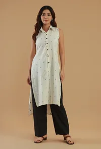 Set of 2: Off-White Printed Sleeveless Collared Cotton Kurta with Black Straight Pant Set image 1