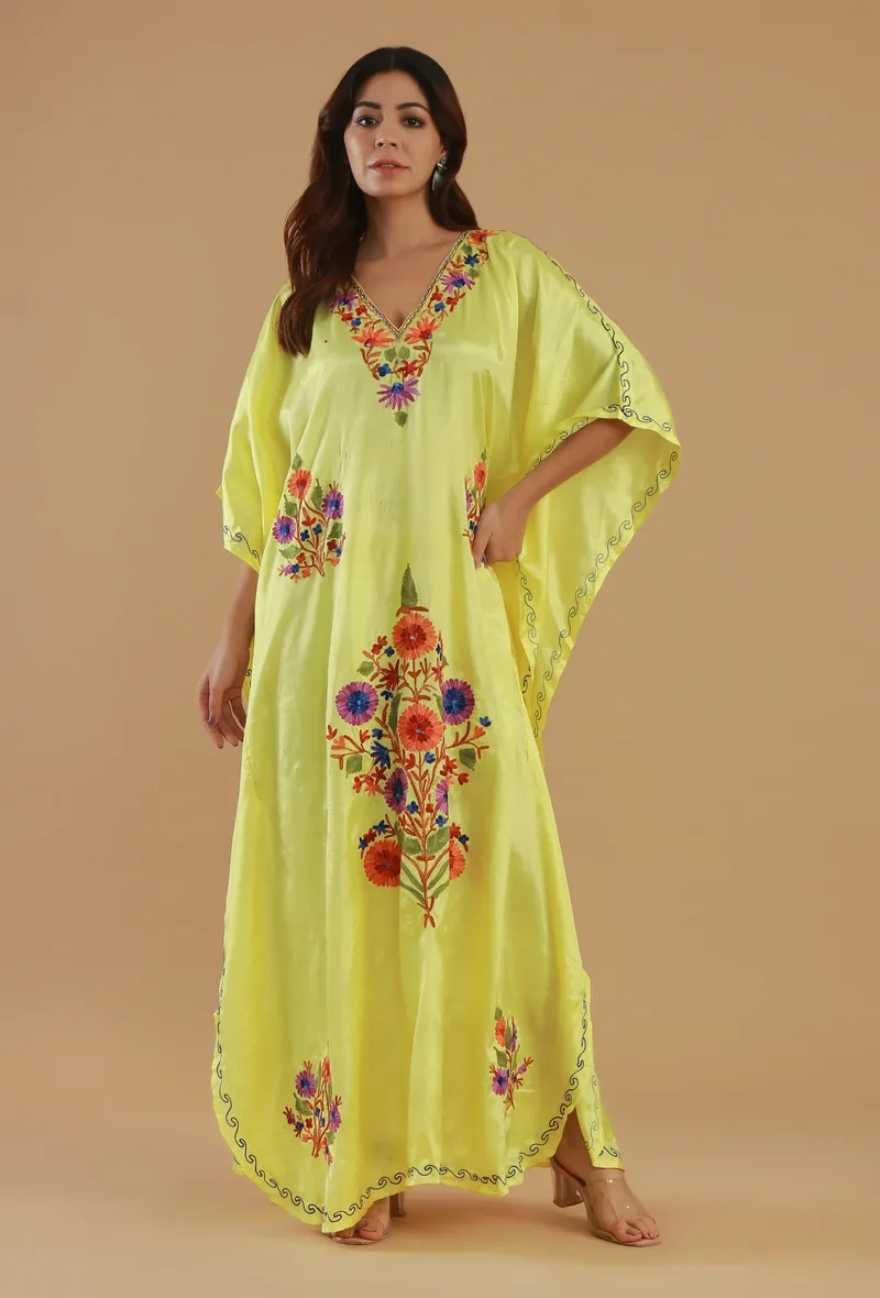 Aari Embroidered Yellow Kashmiri Satin Kaftan- Free Size