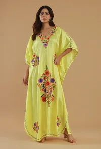 Aari Embroidered Yellow Kashmiri Satin Kaftan- Free Size image 1