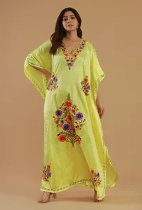 Aari Embroidered Yellow Kashmiri Satin Kaftan- Free Size image 2