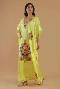 Aari Embroidered Yellow Kashmiri Satin Kaftan- Free Size image 3