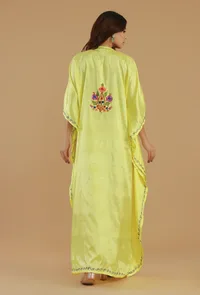 Aari Embroidered Yellow Kashmiri Satin Kaftan- Free Size image 4