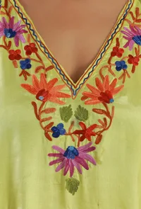 Aari Embroidered Yellow Kashmiri Satin Kaftan- Free Size image 5